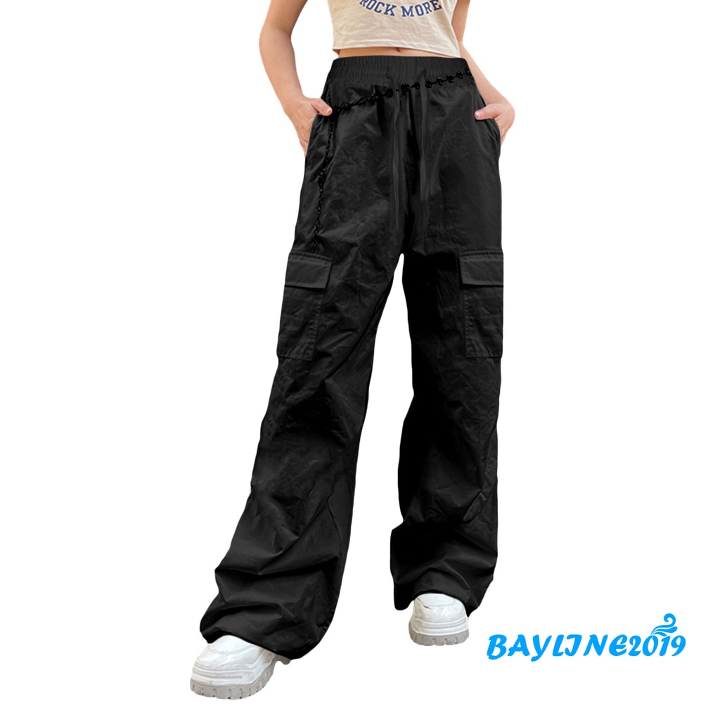 Quần Baggy Dài Ống Rộng Lưng Thun Rút Dây Màu Trơn Thời Trang Cho Nữ