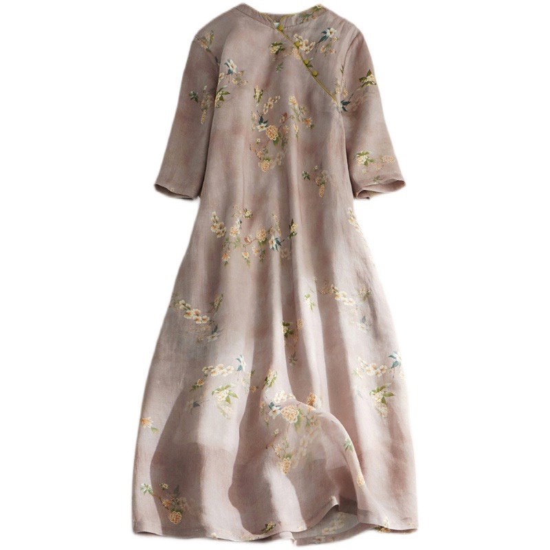 Đầm Sườn Xám Cách Tân Dáng Dài Vải Lanh Cotton Cài Nút Phong Cách Trung Hoa Cho Nữ