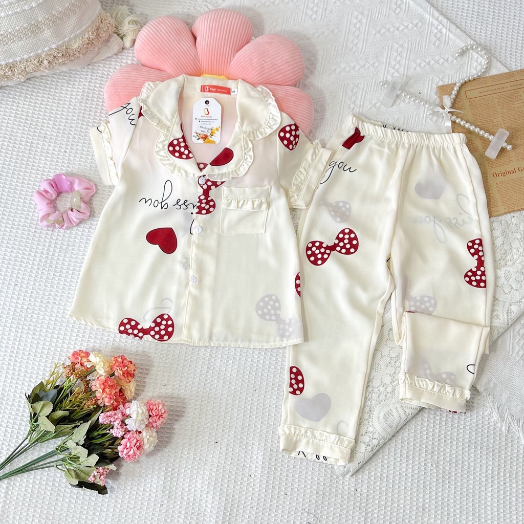 Bộ Ngủ Lụa Cho Bé Gái, Bộ Pijama Cộc Dài Mango Tay Bồng Cổ Bèo Đáng Yêu 13-42kg - Boody BPN59