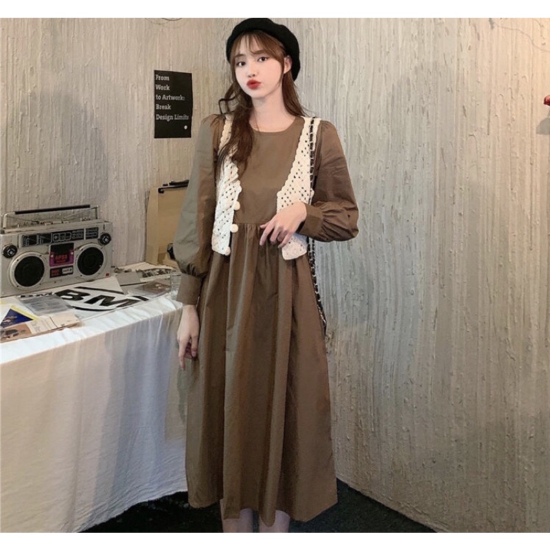 Set Đầm Babydoll Phối Áo Gile Len Hoa Nổi, Phong Cách Retro