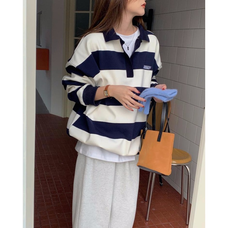 Áo Thun Polo Dáng Rộng Họa Tiết Kẻ Sọc Thêu Chữ Thời Trang Mùa Thu Mới Cho Nữ
