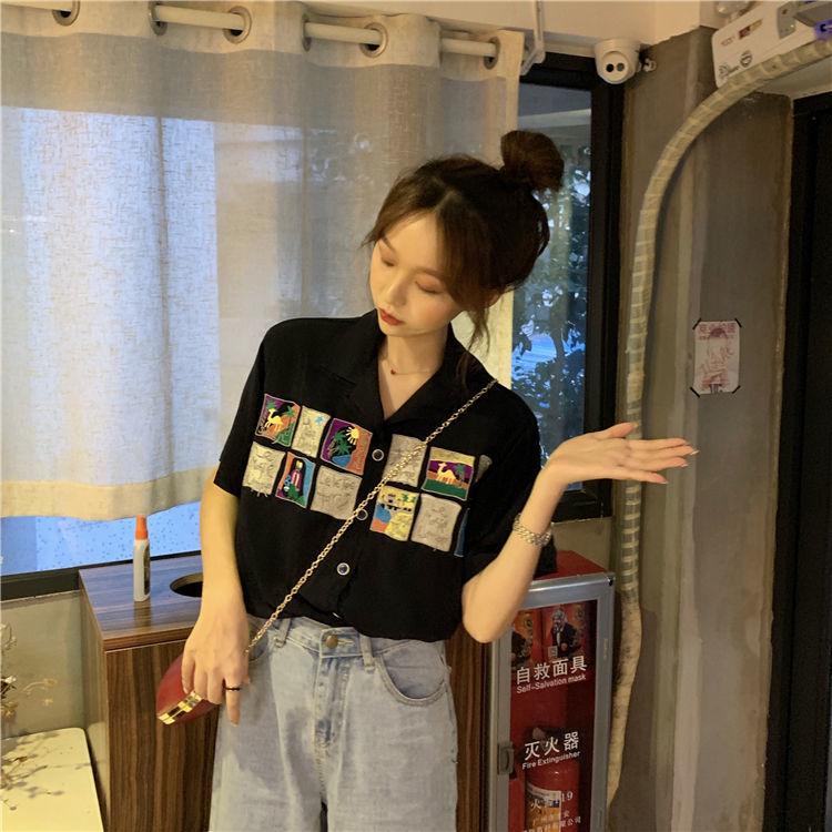 Áo Sơ Mi Đen Dáng Rộng Thêu Họa Tiết Kiểu Retro Thời Trang Mùa Hè Cho Nữ
