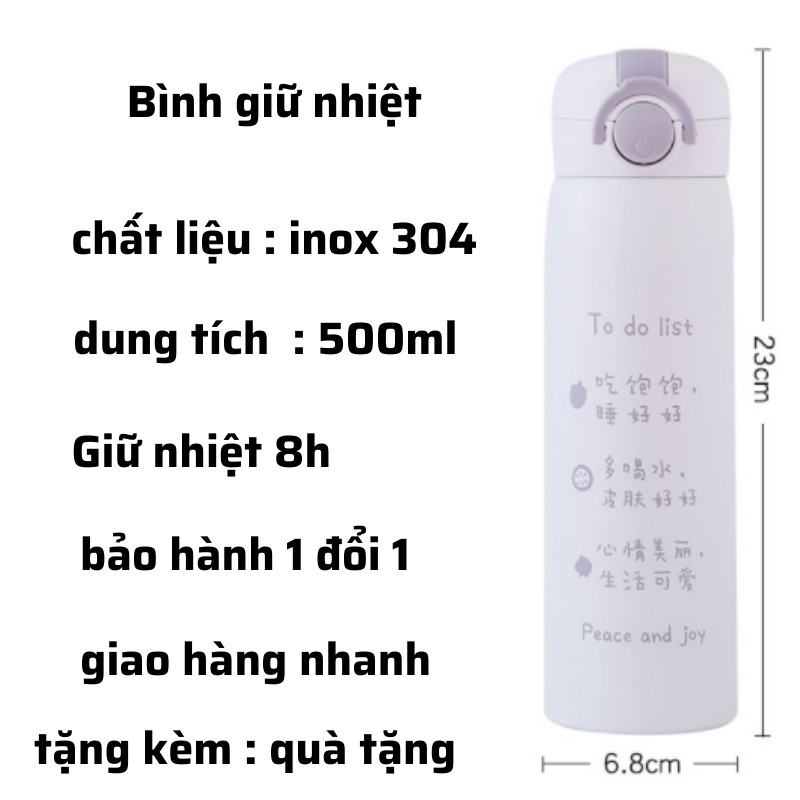 Bình giữ nhiệt INOX 304 phong cách hàn quốc , bình nước có ống hút dung tích 500ml có dây đeo