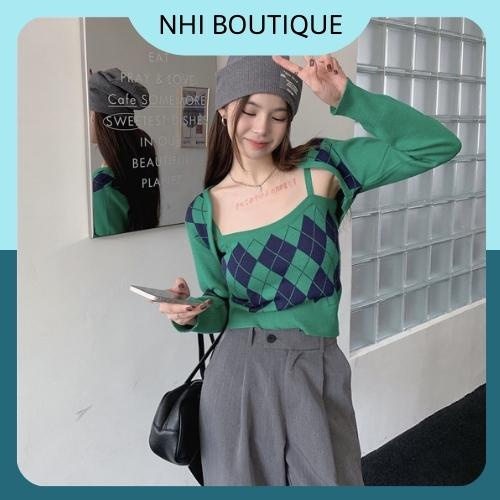 Set Áo Len, Áo 2 Dây Nữ Kèm Áo Khoác Len Crop Họa Tiết Ô Trám, Chất Len Cao Cấp Thời Trang Thu Đông (Kèm ảnh thật).