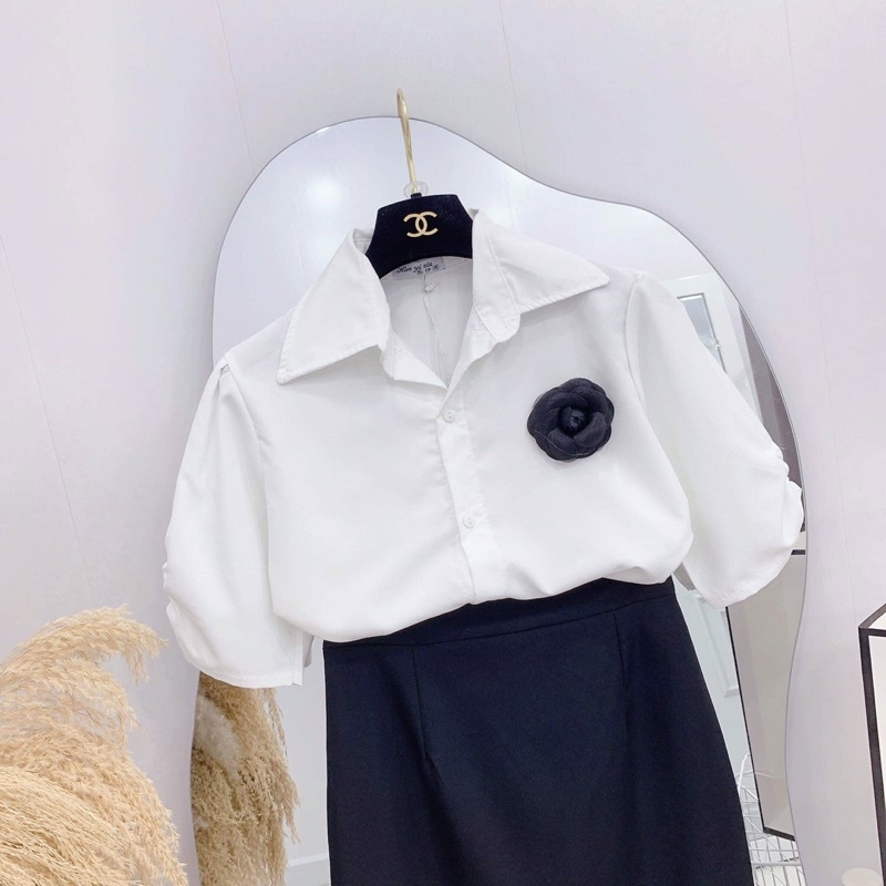 SET ÁO SƠ MI LOGO HOA MIX CHÂN VÁY ĐUÔI CÁ ĐEN