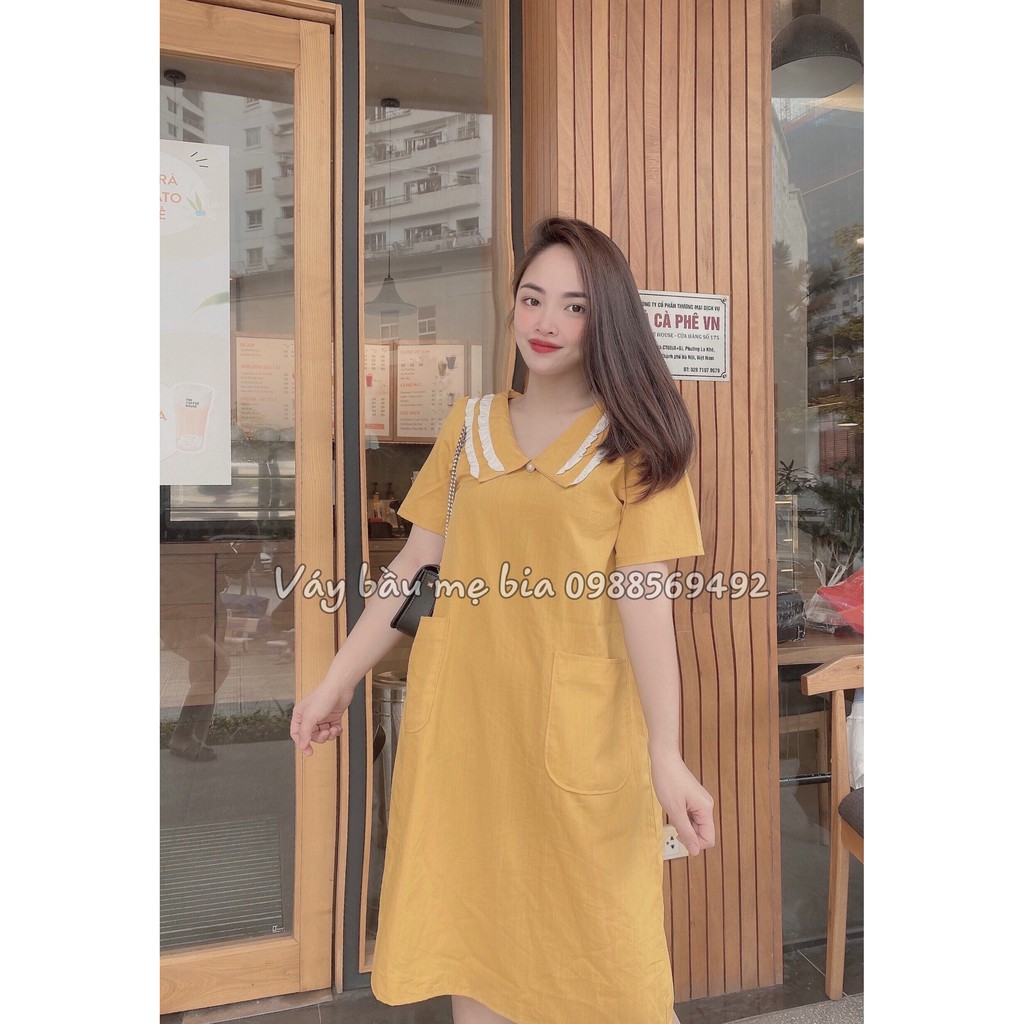 Váy Bầu Thiết Kế Bigsize Gume Đầm Bầu Tiểu Thư Dáng Suông Cổ Tam Giác Vải Đũi Hàn Mềm Mịn Mặc Đi Chơi Mặc Ở Nhà MB216