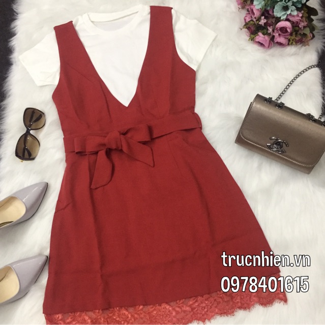Sét đầm chữ A kèm áo trong tà phối ren