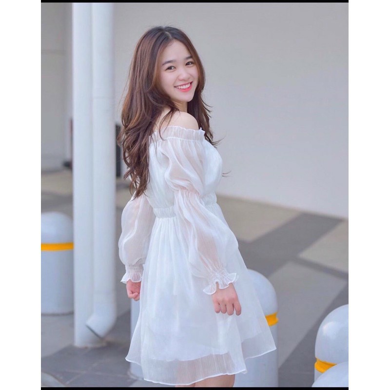 Đầm nhún eo trễ vai tơ gân 2 màu đen trắng- Wali Dress - dáng xòe xinh xắn - Freesize - Pink moon store