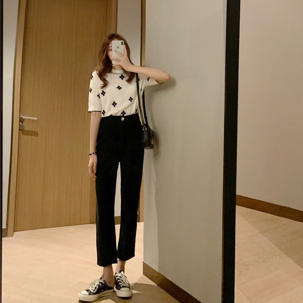 Áo sweater ZHELIHANGFEI cổ tròn tay ngắn thêu hoa màu tương phản phong cách Pháp ngọt ngào dành cho nữ