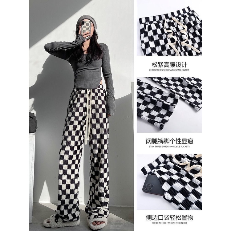 Quần Dài Lưng Cao Ống Rộng Họa Tiết Sọc Caro Trắng Đen Thời Trang Xuân Hè Cá Tính Cho Nữ