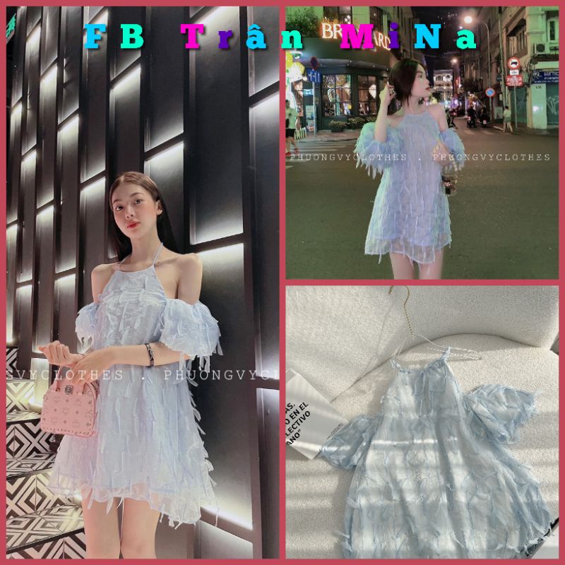 ĐẦM MiNi XANH LÔNG VŨ CỔ YẾM RỚT VAI