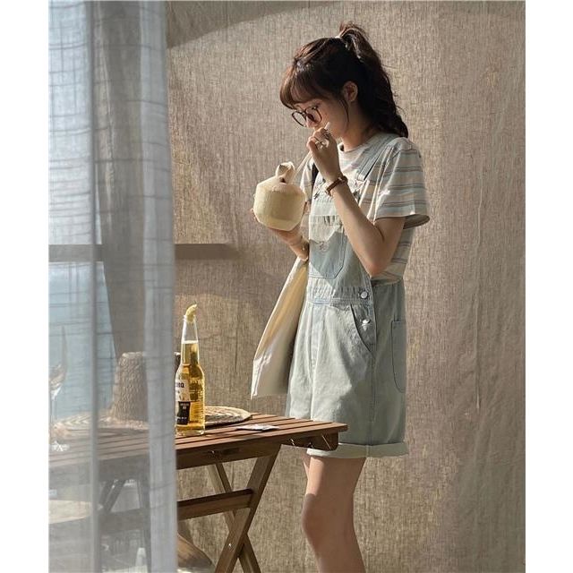 Quần Yếm Ngắn Ống Rộng Lưng Cao Màu Sáng Phong Cách Nhật Bản Thời Trang Mùa Hè Mới Cho Nữ