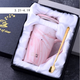 Ly cốc sứ cao cấp in 12 Cung hoàng đạo màu hồng có nắp và thìa và hộp đựng sang trọng