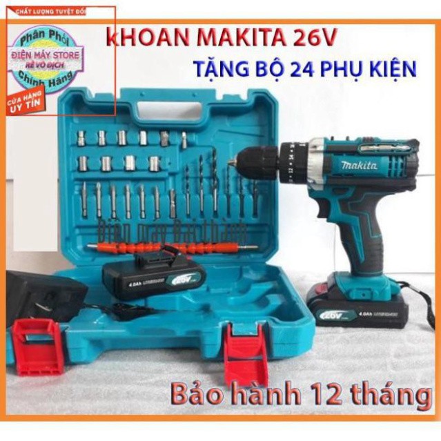 Máy khoan makita 26v có búa 3 chức năng , khoan tường bắn tôn...tặng 24 phụ kiện