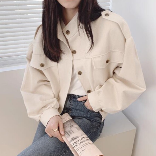 Áo khoác cổ đứng màu trơn thiết kế có túi trẻ trung 37715