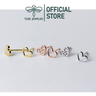 Khuyên tai bạc nữ TLEE cặp tim rỗng, tim nạm đá mini TLEE JEWELRY B0304