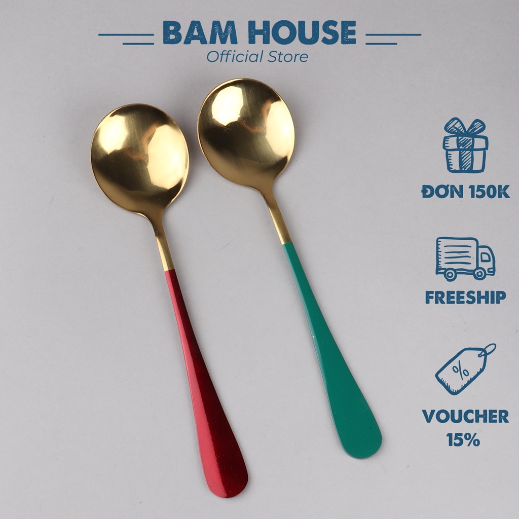 Muỗng Soup tròn inox vàng 304 Bam House cán phủ sơn tĩnh điện cao cấp STX04 - Gia dụng bếp