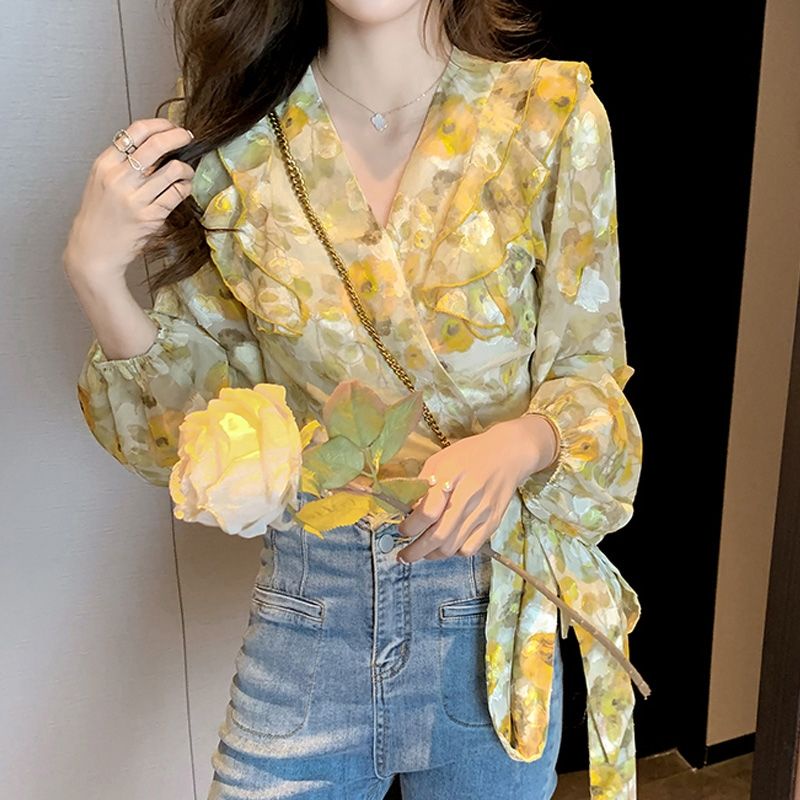 Áo Kiểu Chất Chiffon Cổ Chữ V In Họa Tiết Hoa Vàng Thiết Kế Mới Thời Trang Dành Cho Nữ