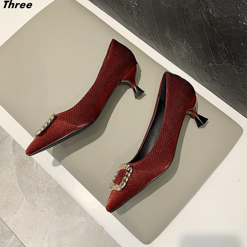 Women's shoes, high heels rhinestone square buckle single shoes women pointed shallow mouth bridesmaid shoes stiletto evening dress women