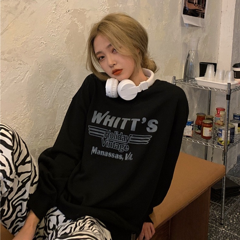 SUXI Áo Sweater Tay Dài Dáng Rộng Màu Sắc Đơn Giản In Chữ Phong Cách Hàn Quốc