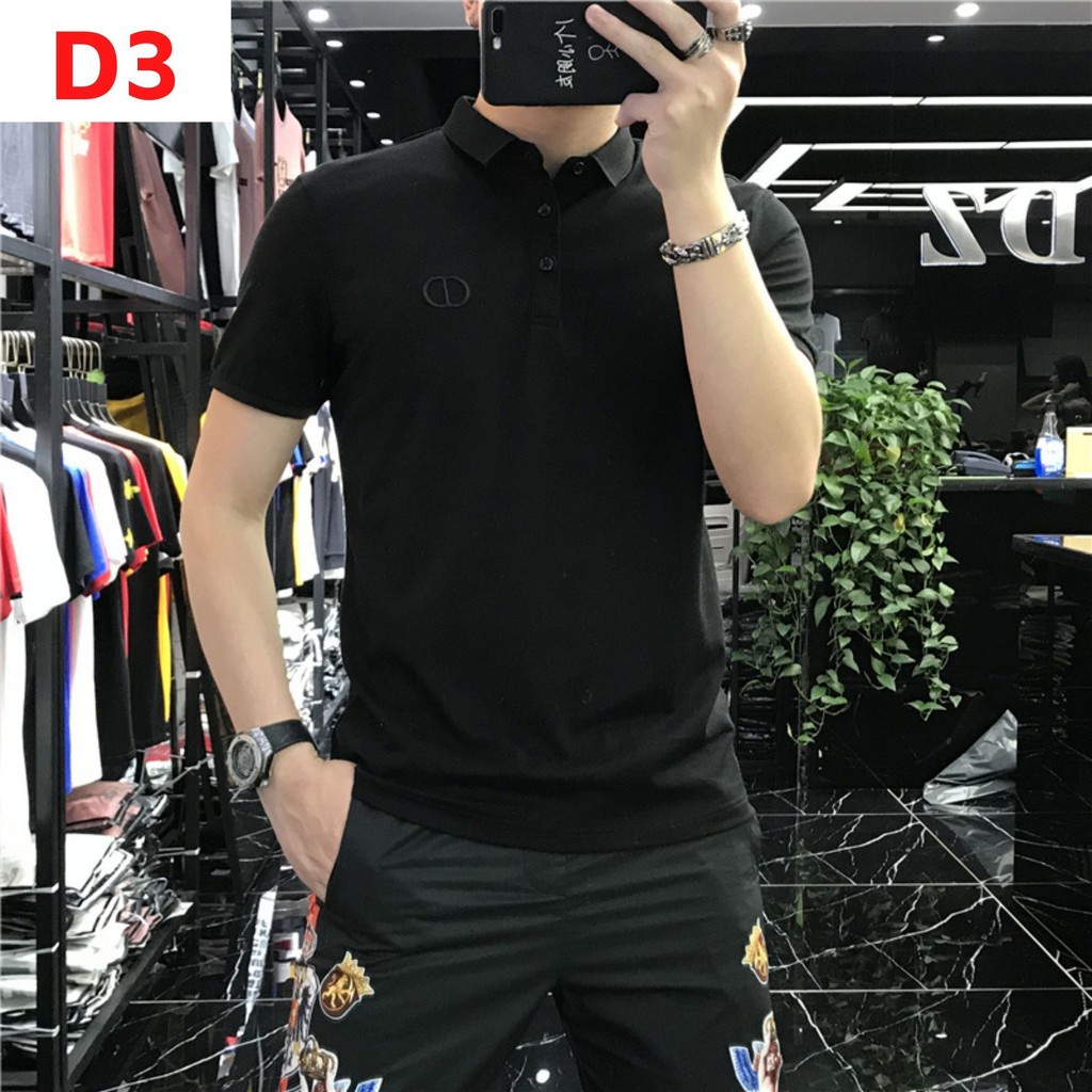 Áo POLO nam thêu LOGO CD Vải CÁ SẤU CVC dệt lỗ thoáng khí màu ĐEN D3