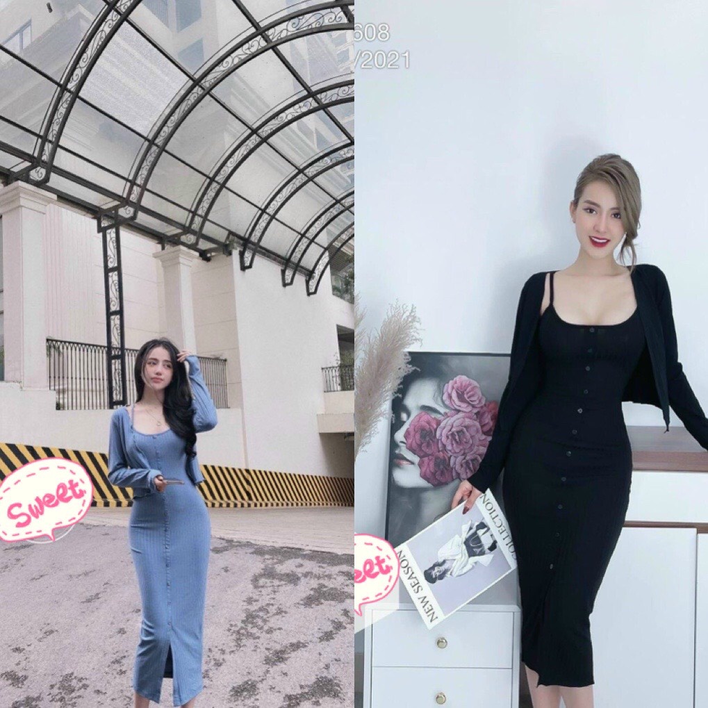 Set Đầm body hai dây from dài chất thun L1 kèm áo khoác, đầm siêu tôn dáng | BigBuy360 - bigbuy360.vn