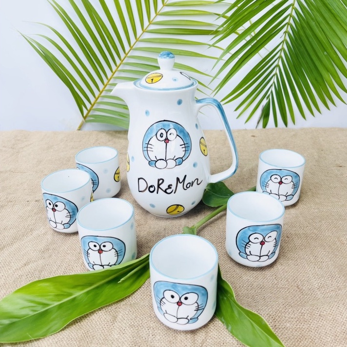 Bộ Bình đựng nước Gốm Sứ Bát Tràng có vòi, bình gốm 9 lit Hình Doraemon Decor Cực Xinh