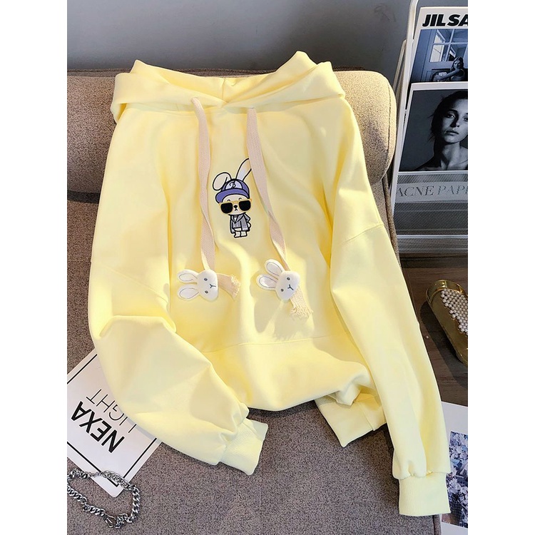 2022 autumn and winter sweet girl cute rabbit printing three-dimensional fun thin white hooded hoodie girl ins fashion