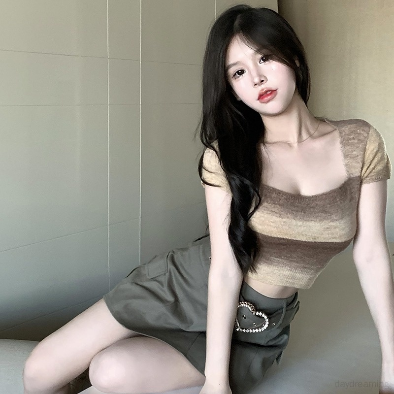 Áo Thun Croptop Dệt Kim Tay Ngắn Cổ Vuông Dáng Ôm Phong Cách Hàn Quốc Cho Nữ