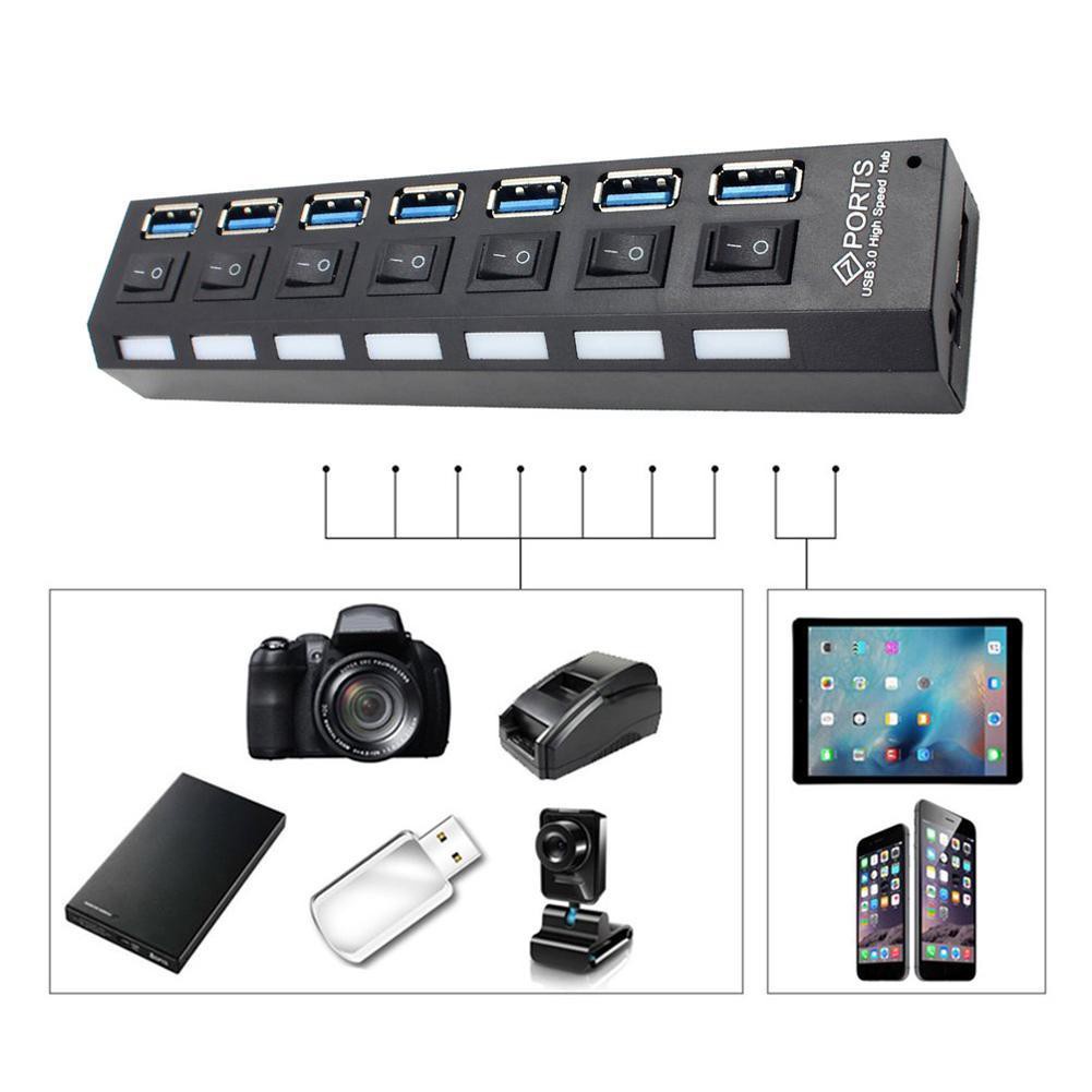 USB 3.0 Hub With Separate Seven Ports Compact Lightweight Power Adapter Hub