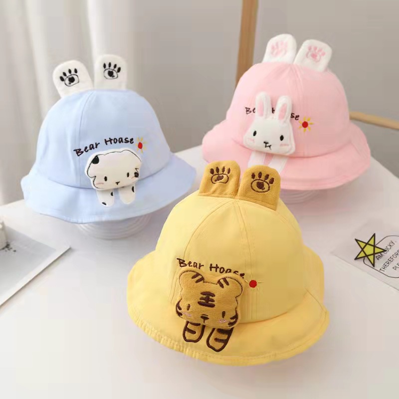 Mũ tai bèo vải cotton màu trơn đính tai động vật dễ thương cho bé