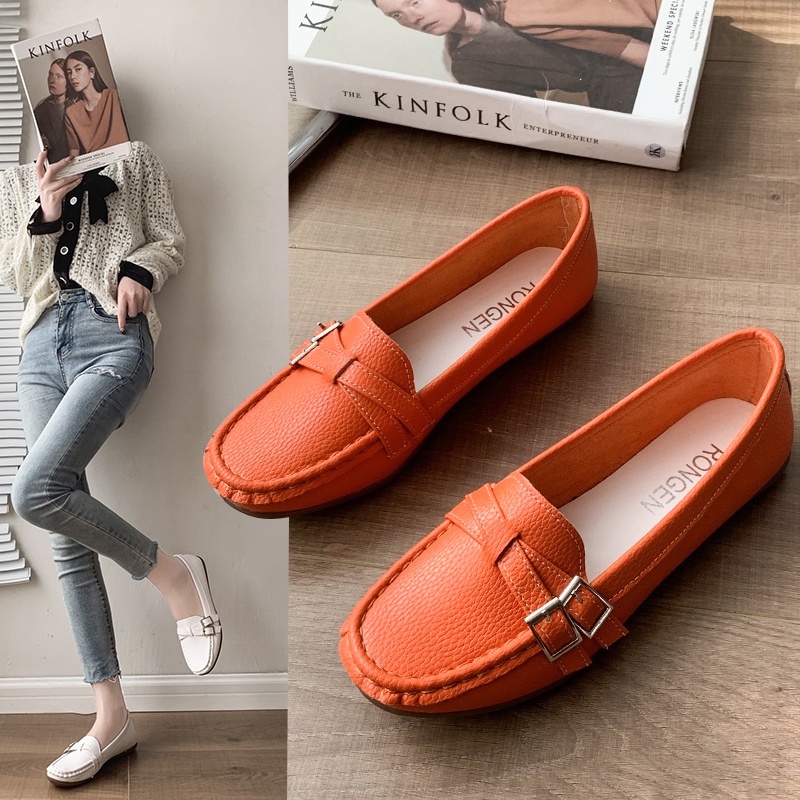 Giày Lười Da Đế Bằng Mũi Tròn Khóa Kim Loại Màu Trắng/Đen Cho Nữ