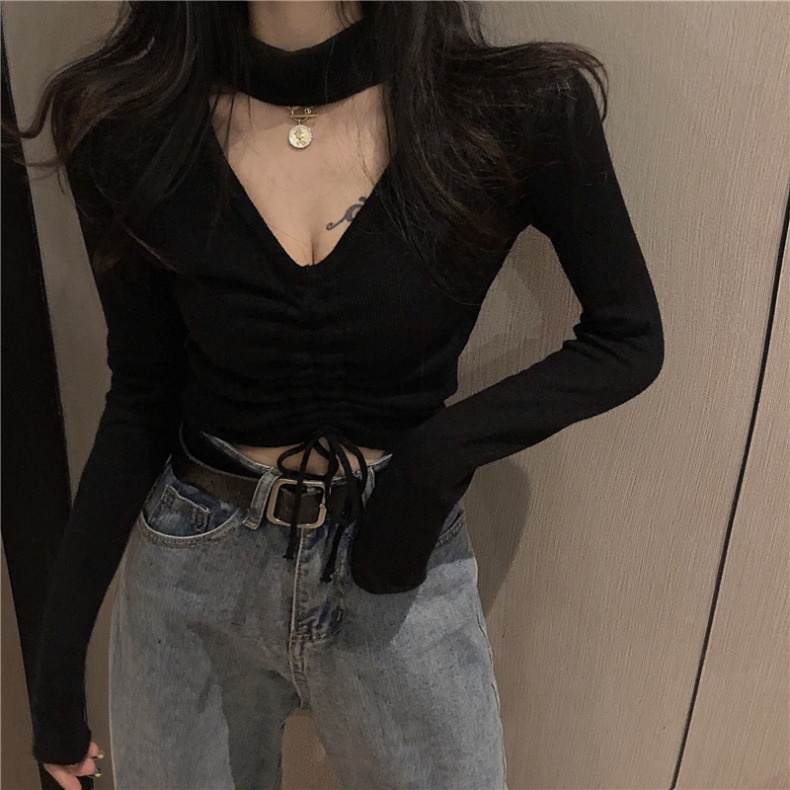 SUXI Áo dệt kim mỏng tay dài dáng ngắn thời trang mùa thu Hàn Quốc dành cho nữ