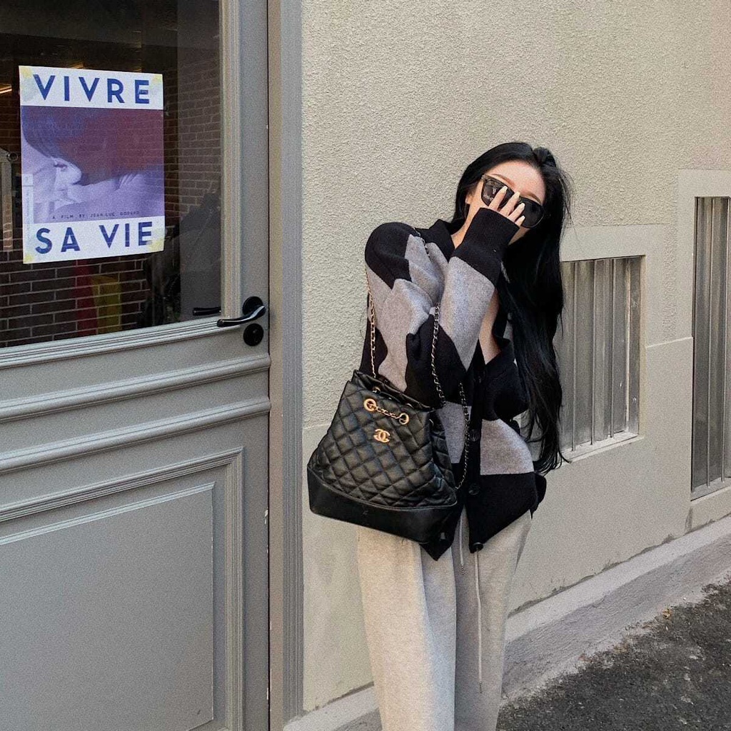 Áo khoác len cardigan cổ chữ V form rộng họa tiết kẻ sọc thời trang Hàn Quốc