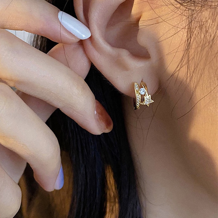 Bông Tai Hai Hàng Chữ C Đính Ngôi Sao Năm Cánh Thời Trang Hàn Quốc Cho Nữ