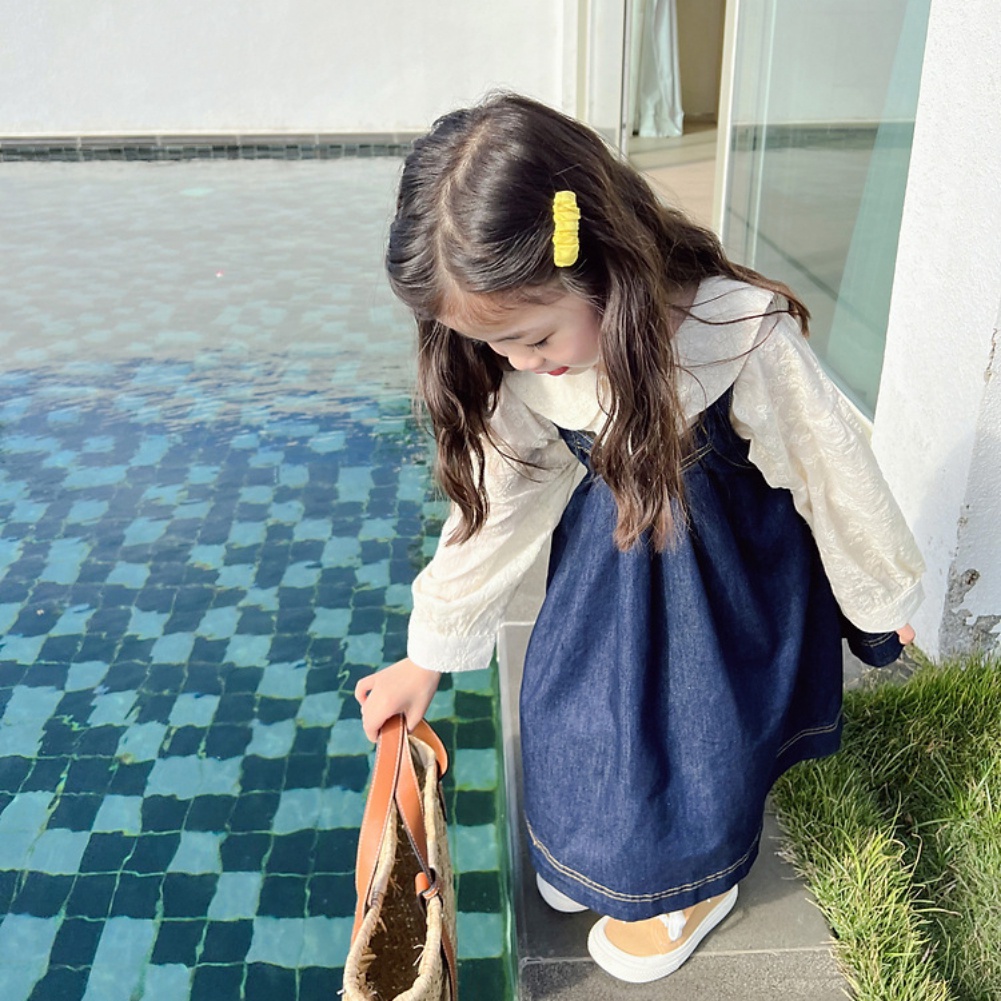 Set Đầm Yếm Denim + Áo Sơ Mi Ren Thời Trang Mùa Thu Phong Cách Hàn Quốc Cho Bé Gái