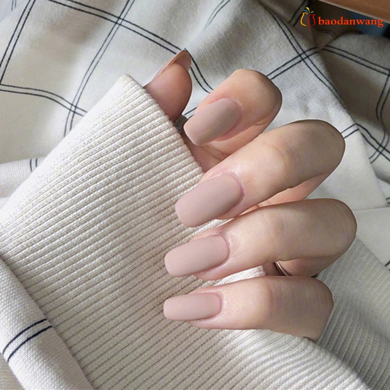 [Hàng mới về] Set 24 móng tay giả màu kaki trơn đầu vuông dáng dài vừa có keo dán trang trí nghệ thuật cho nữ