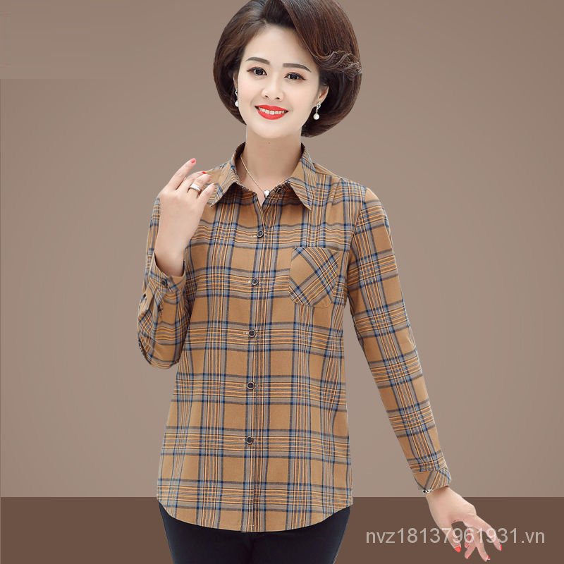 Áo sơ mi cotton tay dài kẻ sọc caro trẻ trung thời trang xuân thu 2020 cho nữ trung niên QD5a