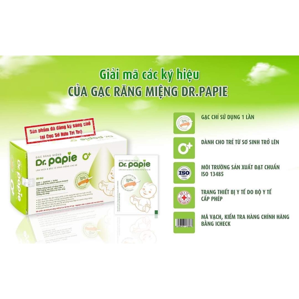 Hộp 30 gói gạc rơ lưỡi Dr Papie vệ sinh răng miệng cho bé