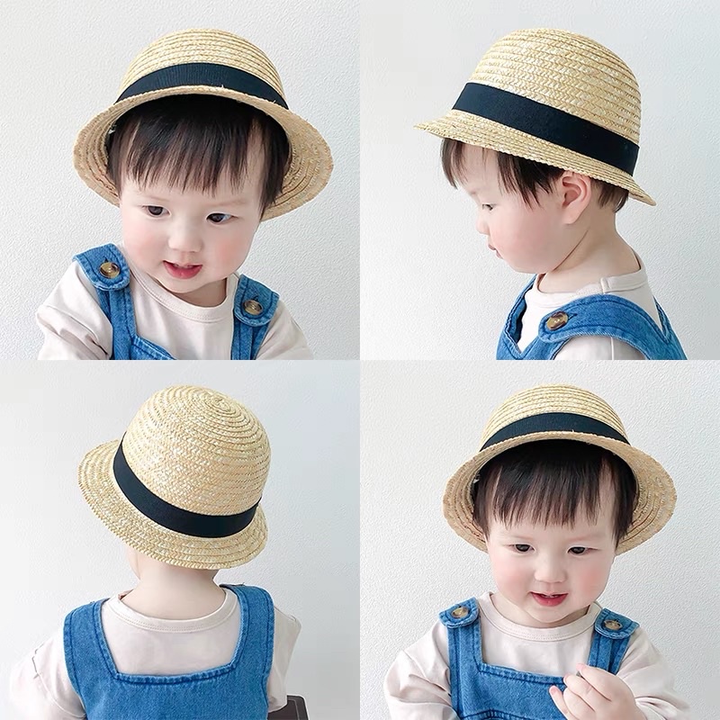Mũ cói đi biển đi du lịch chụp ảnh vành ngắn kiểu dáng vintage Hàn Quốc  cho bé