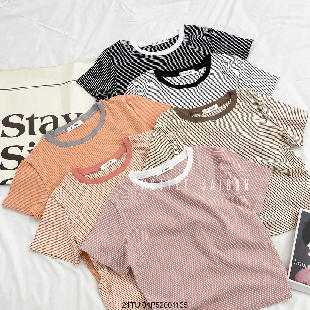 Áo thun kẻ sọc ngang cổ màu, áo phông nữ tay ngắn xinh Hàn Quốc ulzzang Fmstyle Saigon 21TU06P51701 | BigBuy360 - bigbuy360.vn