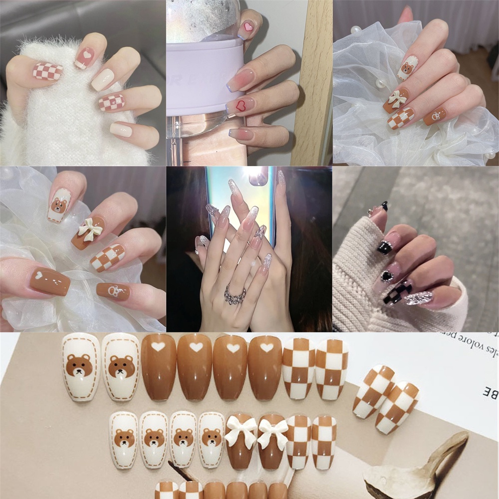 Bộ 24 Móng Tay Giả Hình Gấu Đính Nơ Chống Thấm Nước Có Thể Tháo Rời Kèm Keo Dán Cho Nữ