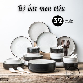Bộ bát đĩa sứ cao cấp Men Tiêu màu trắng mix đen - cho 10 người - decor bàn ăn, quà tặng tân gia - BAT32-TĐ