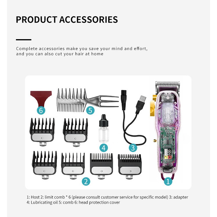 Tông đơ cắt tóc trong suốt Kemei 2707 mới sạc lại USB cho tiệm cắt tóc