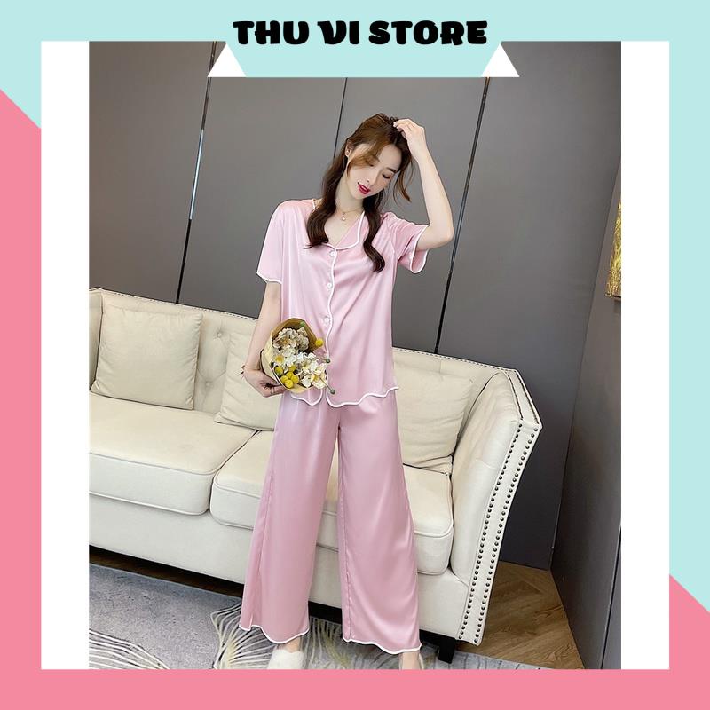 Đồ Bộ Pijama, Bộ Mặc Nhà Áo Nữ Lụa Tay Ngắn Quần Dài Cổ Lật Gợn Sóng Chất Liệu Lụa Satin Nhiều Màu, Form Rộng Rãi Thoáng | BigBuy360 - bigbuy360.vn