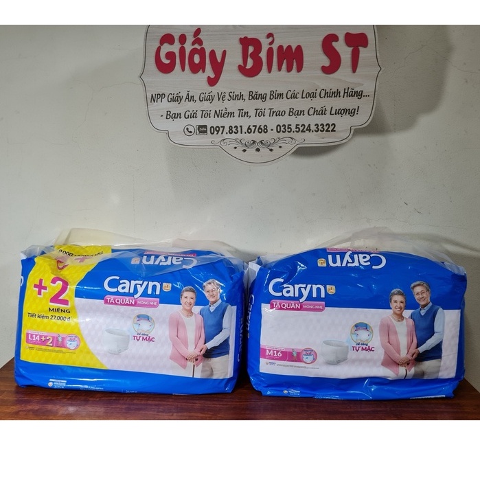 Bỉm quần Tã quần người lớn, người già Caryn size M16/L14 Mỏng nhẹ gói trung Mới nhất