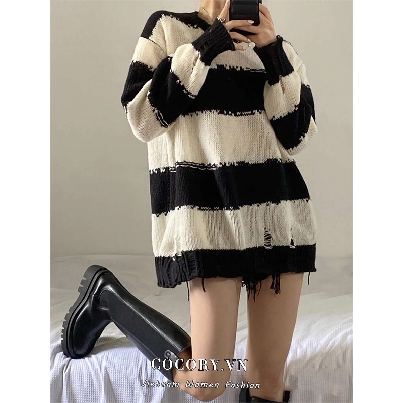 Cocory vn Áo sweater tay dài cổ tròn dáng rộng họa tiết sọc phong cách Hàn Quốc cho nữ
