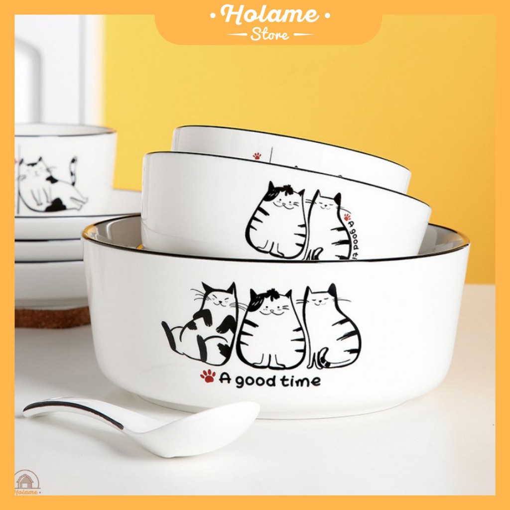 Đồ dùng bàn ăn , muỗng ăn cơm , muôi canh sứ họa tiết mèo Holame