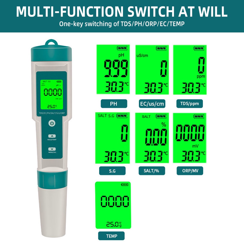 Bút kiểm tra chất lượng nước 7 trong 1 pcbfun PH/ ORP/ EC/ Tmp/ SALT/ S.G/ TDS LCD IP67