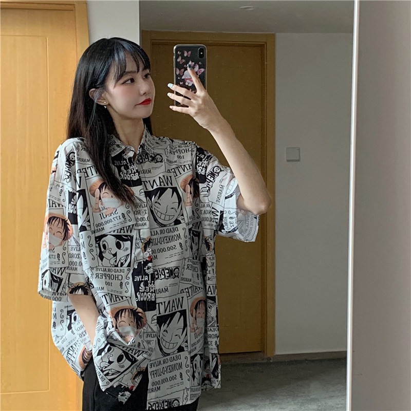 Áo sơ mi cộc tay unisex cá tính phom to vải thô mềm họa tiết hoạt hình ONE PIECE truyện tranh C74 | BigBuy360 - bigbuy360.vn